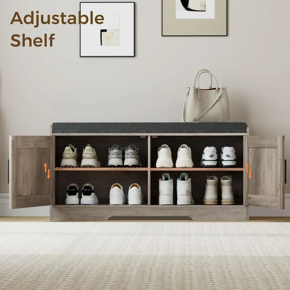 مقعد تخزين الأحذية بطبقة مزدوجة مع وسادة، خزانة ببابين، رف قابل للتعديل، 13.8 × 37.4 × 18.5، مناسب للمدخل، وغرفة المعيشة