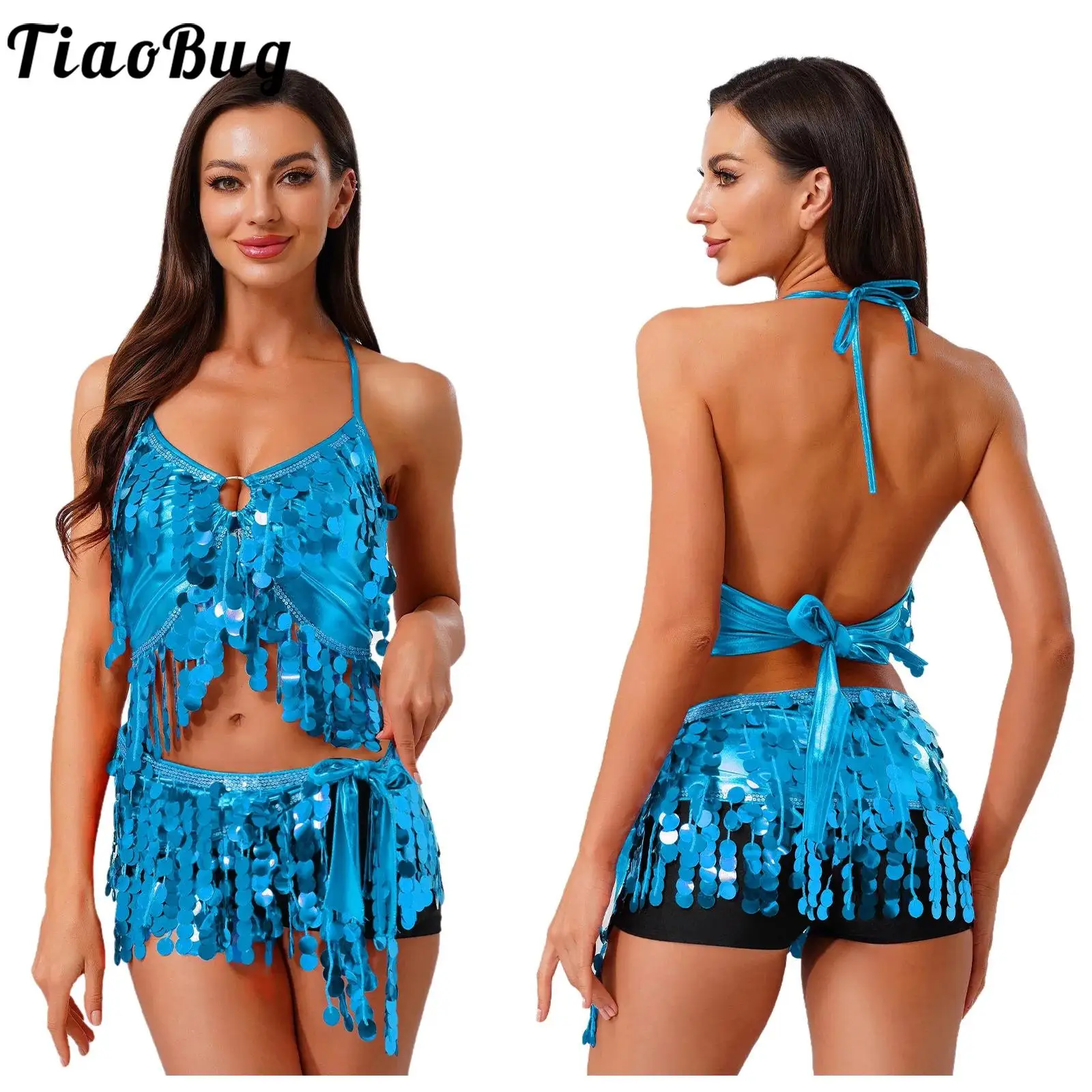 

Women Sparkly Belly Dance Performance Costume Halter Front O-ring Padded Bra Crop Top And Lace-up Hip Scarf for Belly Dance Wear