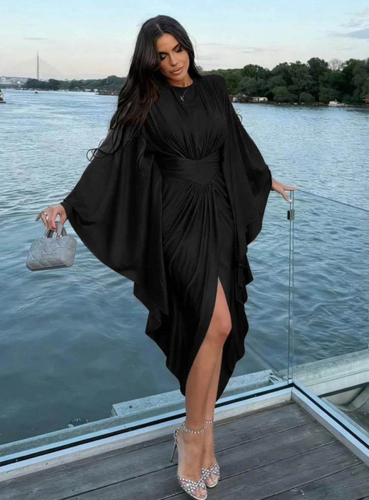 

Классическое платье с расклешенными рукавами, женское лоскутное платье с круглым вырезом, нерегулярный подол, сексуальное, элегантное, простое, облегающее, вечернее, для выпускного вечера