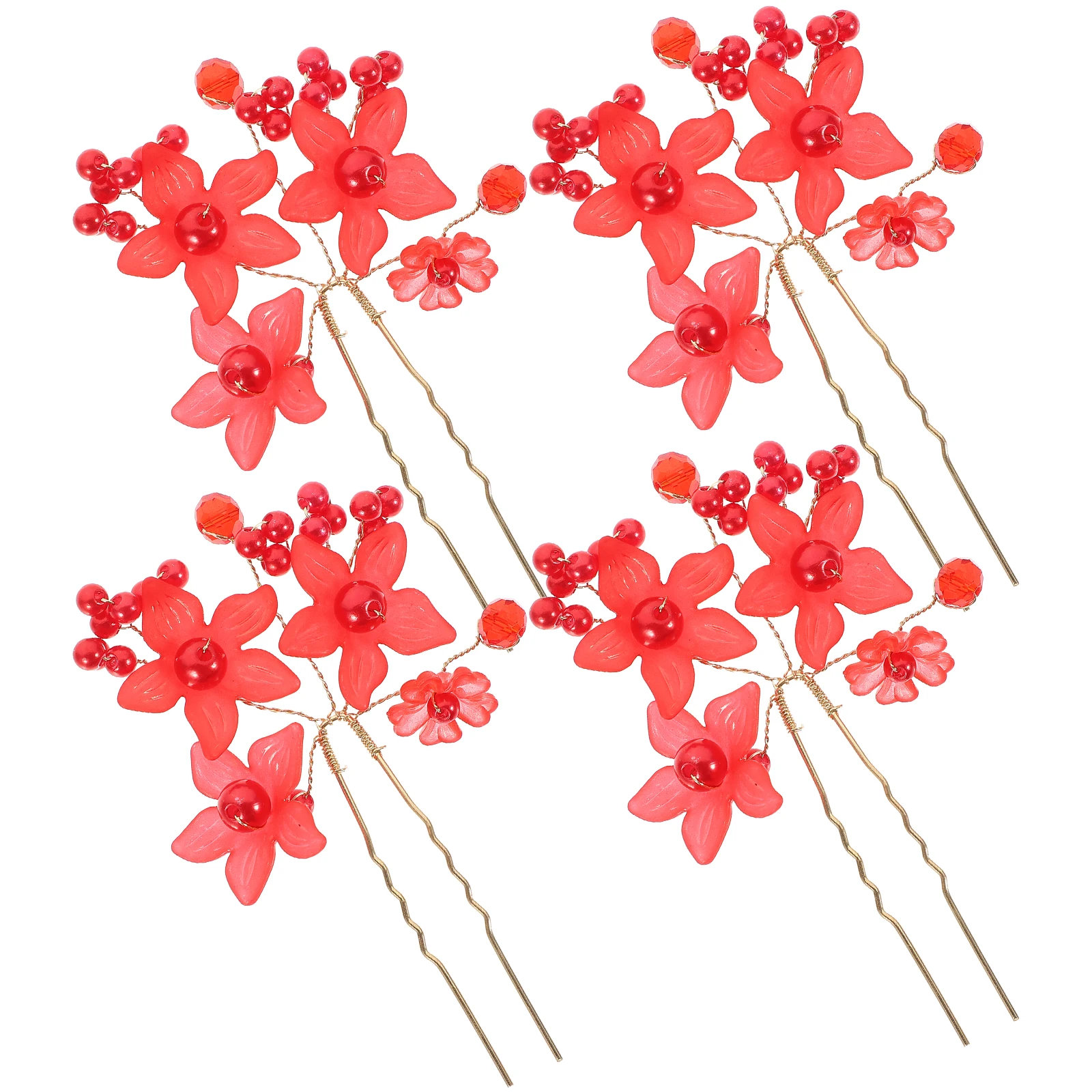 4pcs Red Pearl Frosted Flower Hair Forks Sturdy Decorative Pin for Buns Weddings Parties Acrylic Metal Smooth Classic Exquisite