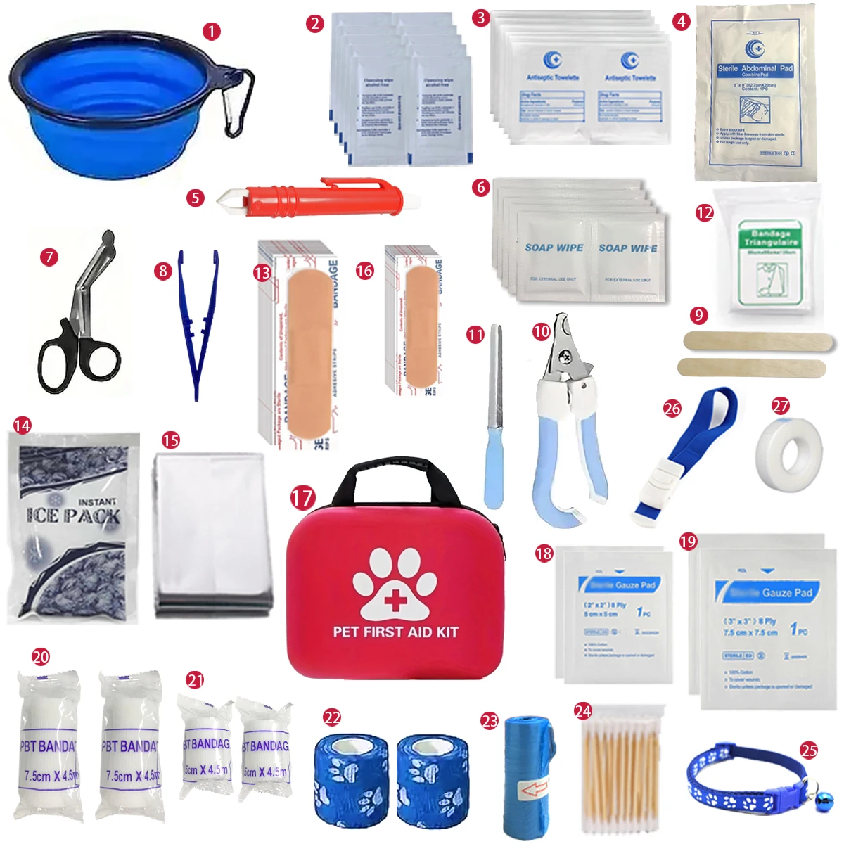 A comprehensive pet first aid kit with scissors, tweezers, tourniquets, sterile gauze and other medical and first aid supplies