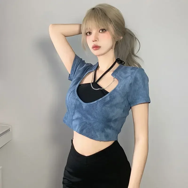 2025 Hotsweet Halter T-shirt Women Fashion New Slim Graphic Sense Tie Dye Sexy CHAIN Square Collar Short Tops