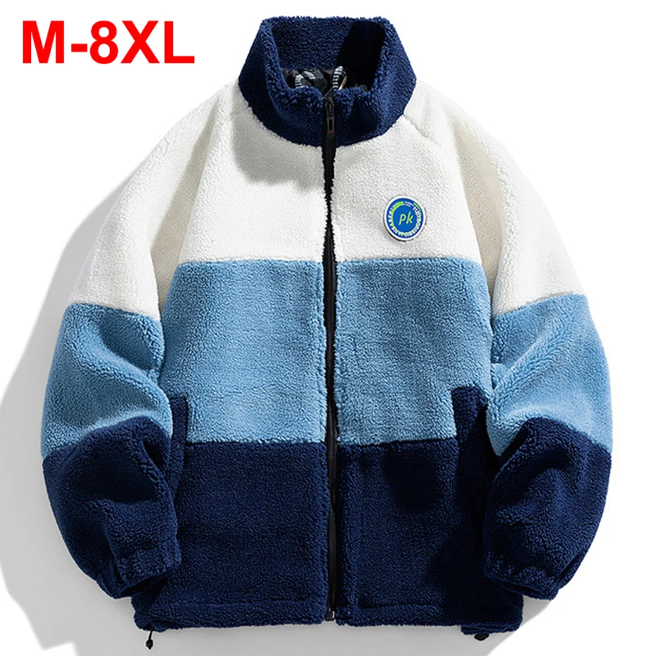 Winter Jackets Men Plus Size 7XL 8XL Jacket Color Block Patchwork Lambswool Fleece Coat Thicken Warm Parkas Outwear