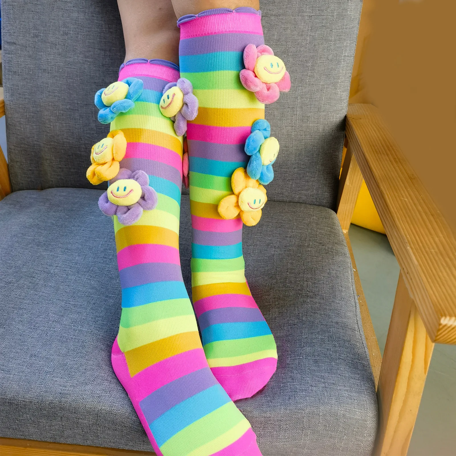 Rainbow Striped Tights for Girls Flower Appliques Children Stockings knit Long Bby Pantyhose 7-12 Years