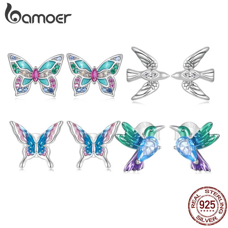 Bamoer 925 Sterling Silver Butterfly Humming birds Stud Earrings For Women Insect Ear Birthday Fine Jewelry Gift