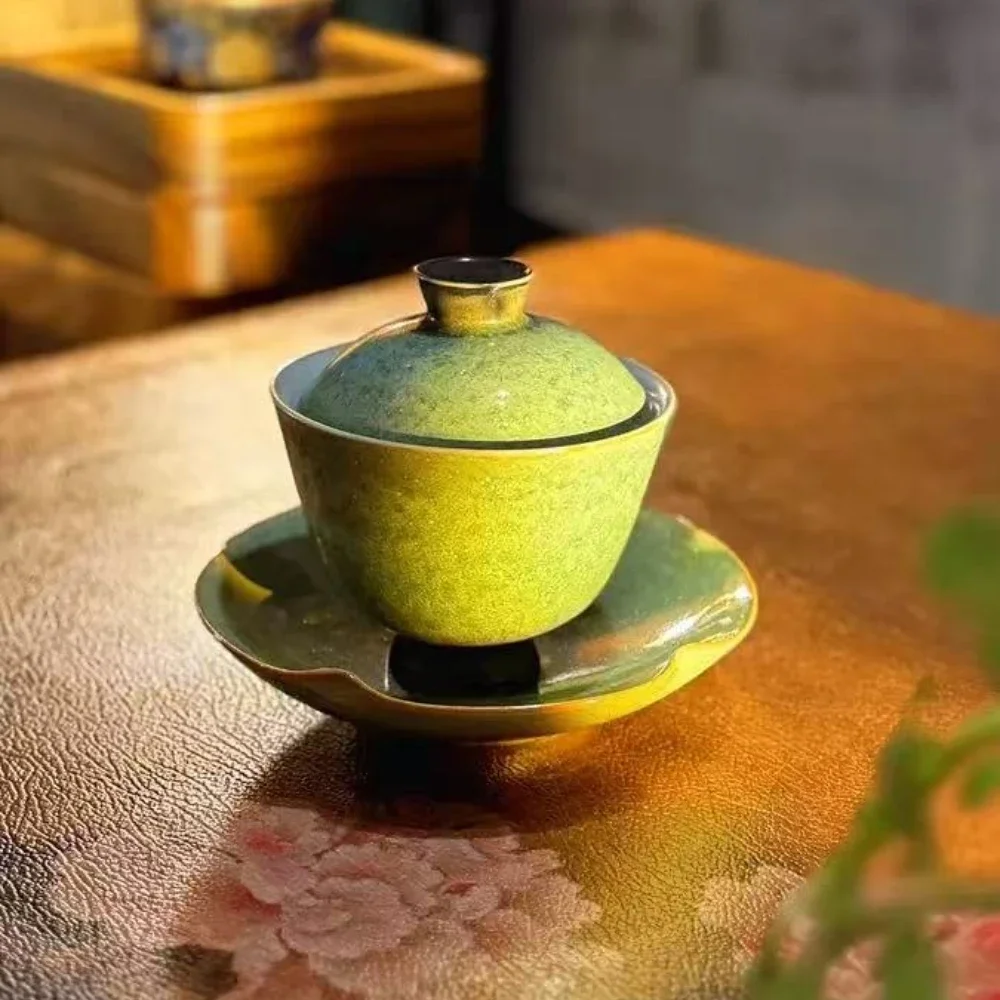 Retro Kiln Change Sancai Cover Bowl Household Ceramic Tea Bowl Anti-scalding Tea Hand Grab Bowl High-end Kung Fu Tea Set Gifts