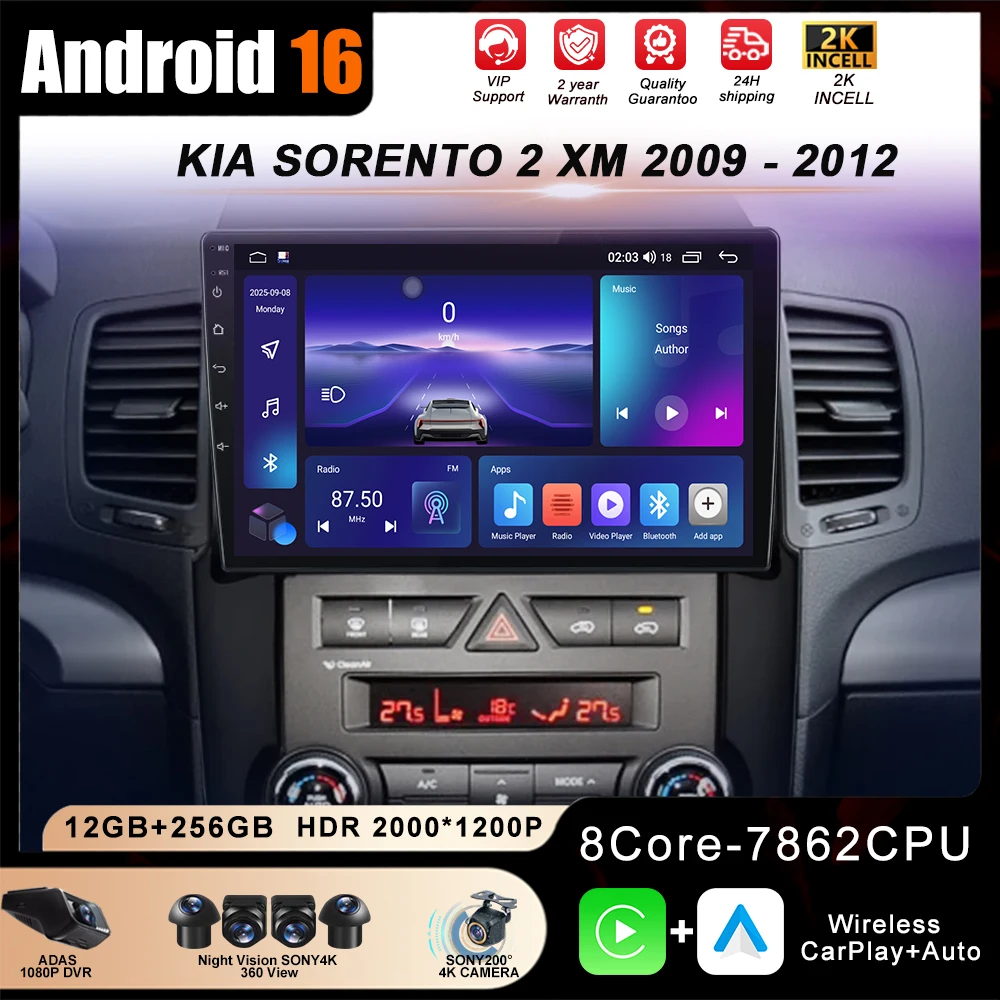 Radio para Auto de 10 Pulgadas con Carplay Android 16 para KIA SORENTO 2 XM 2009 - 2012 Reproductor Multimedia Táctil con Sistema Inteligente 4G Wifi