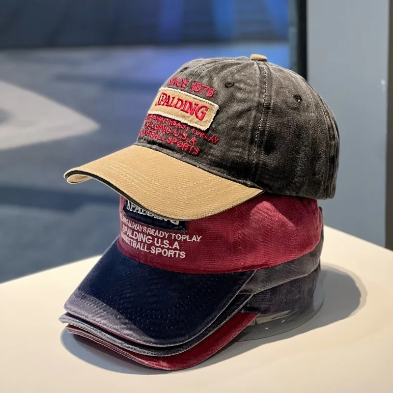 

Trendy Contrasting Soft Top Baseball Cap Women's American Universal Vintage Washed Denim Lettered Embroidered Cap