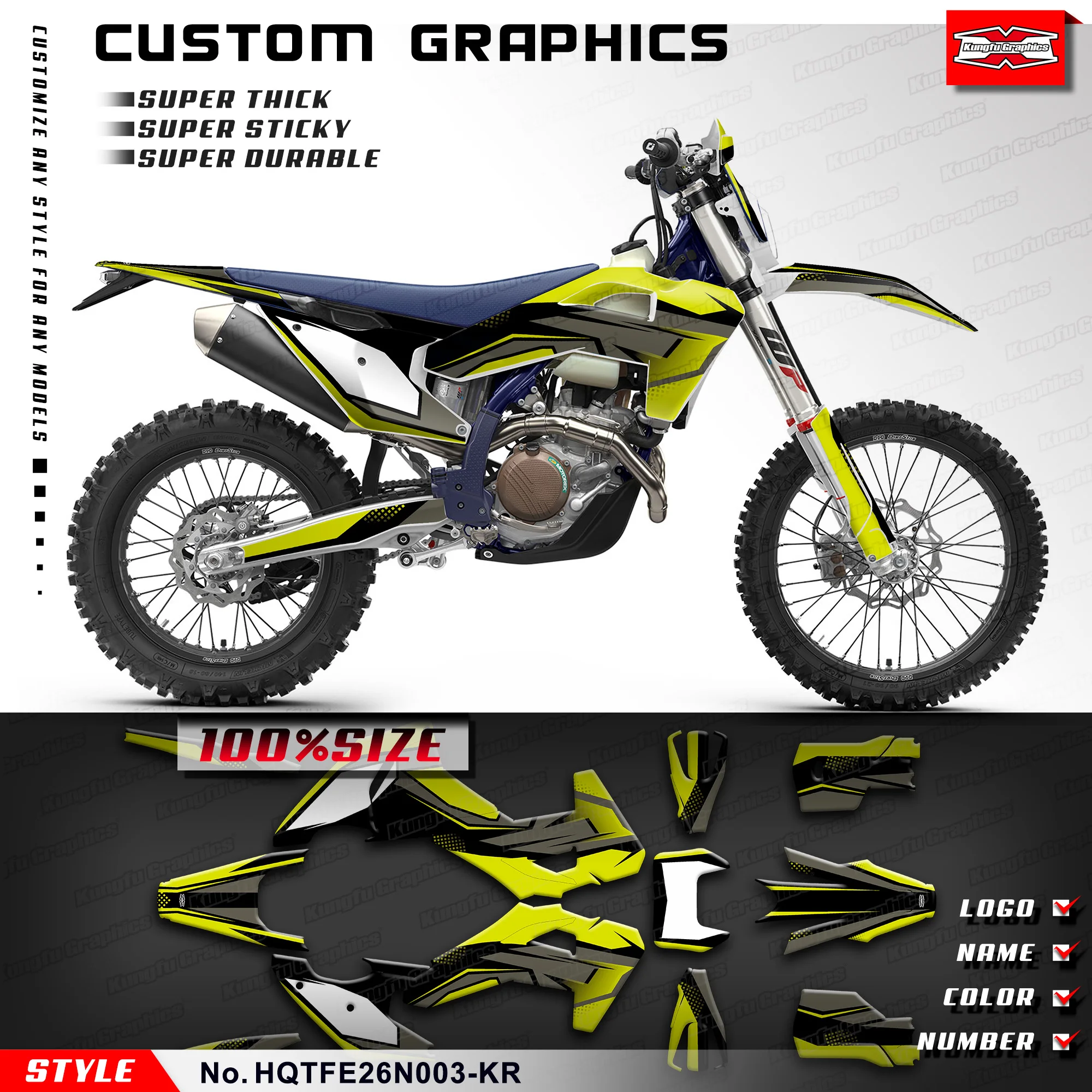 

Наклейки KUNGFU GRAPHICS: Полный комплект виниловой графики для Husqvarna TE 125 250 300 300pro FE 350s 350pro 450 501s 2026, глянцевая ламинация
