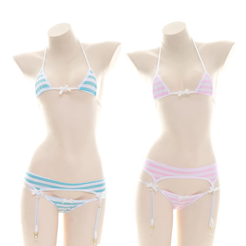 Lingerie sexy Lolita Kawaii pour adulte, micro bikini à trois points, bleu, rose, blanc, rayé, cosplay, fille japonaise