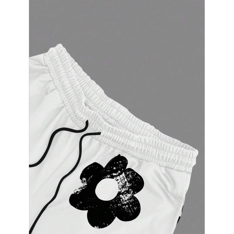 Men's Letter & Floral Print Round Neck Short Sleeve Casual T-Shirt And Drawstring Waist Shorts Suit