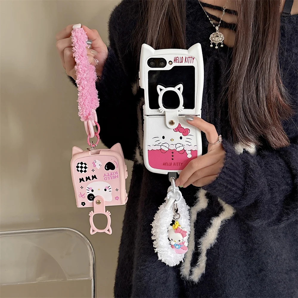 Anime Character Hello Kitty 3D Cat Ear Phone Case for Samsung Galaxy Z Flip 3 4 5 6 Sanrio With Plush Lanyard Anti-drop Cover