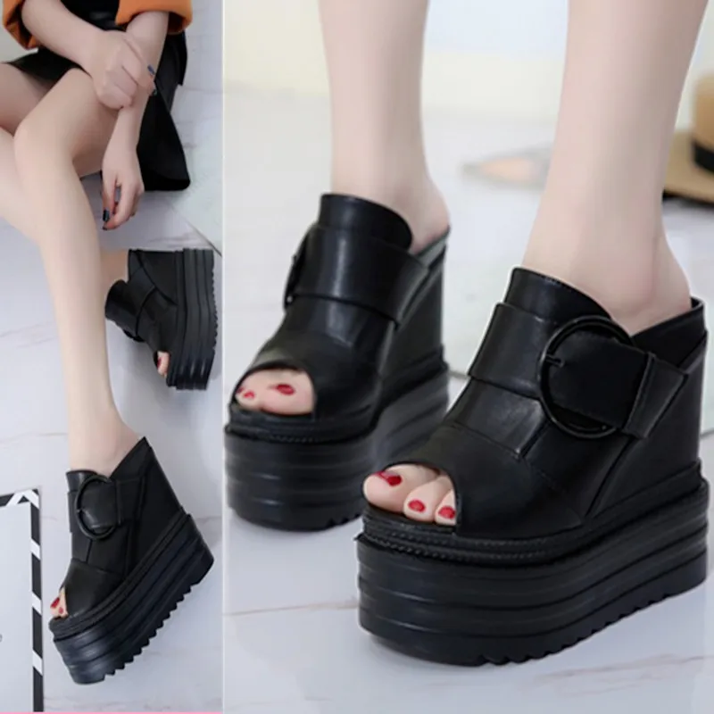 Sandals 2026 Summer Sponge Cake Thick Bottom Belt Buckle Slippers Inner Height Increase Fish Mouth Sandals Women's Summer