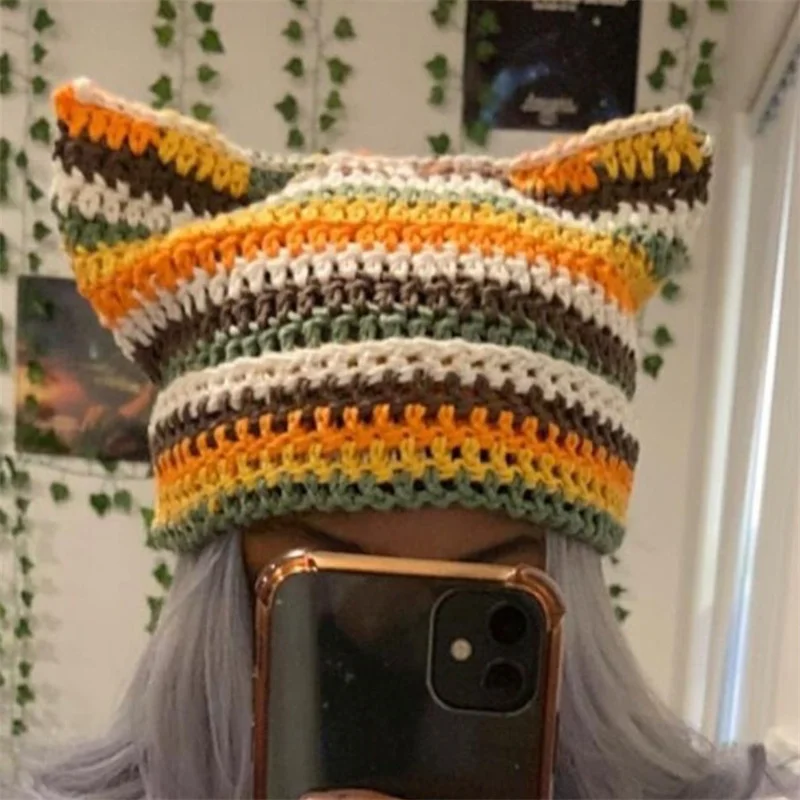 Crochet Striped crochet cute cat ear beanie for women men soft slouchy hat trendy winter warm braided personality hat