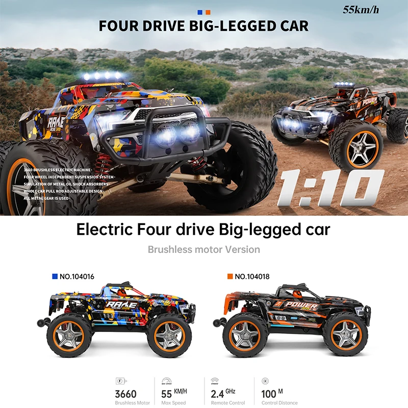 Wltoys 104018 104016 1:10 RC Car 4WD With Led Lights 55KM/H Remote Control Car 3660 Brushless Motor Off-Road Monster Truck