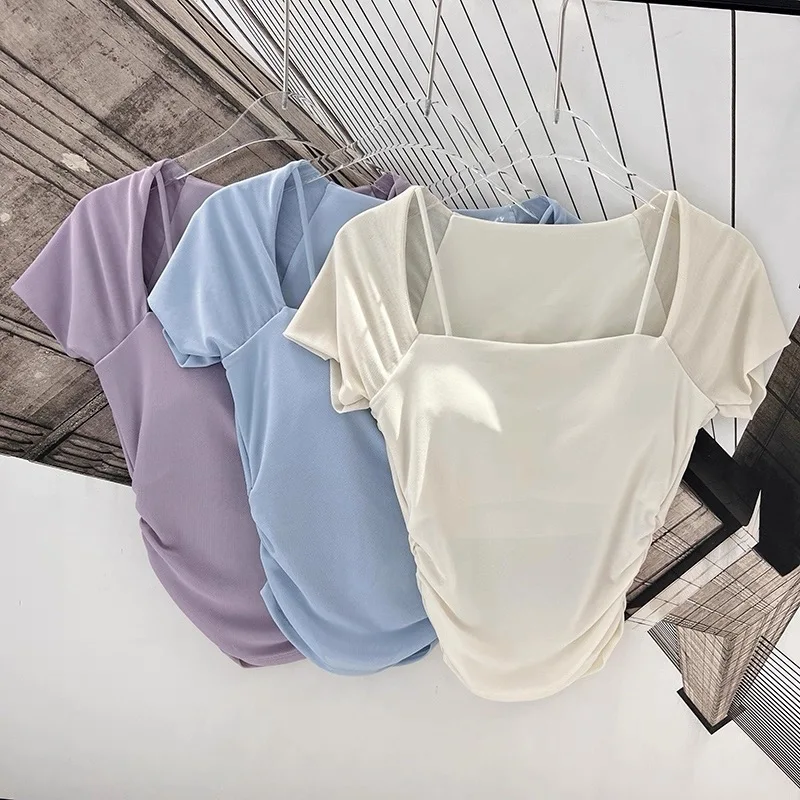 Summer New Fake Two Piece Yoga Dress Fixed Chest Cushion Sports Mesh Short Sleeves Wearing Running Sports Fitness Top