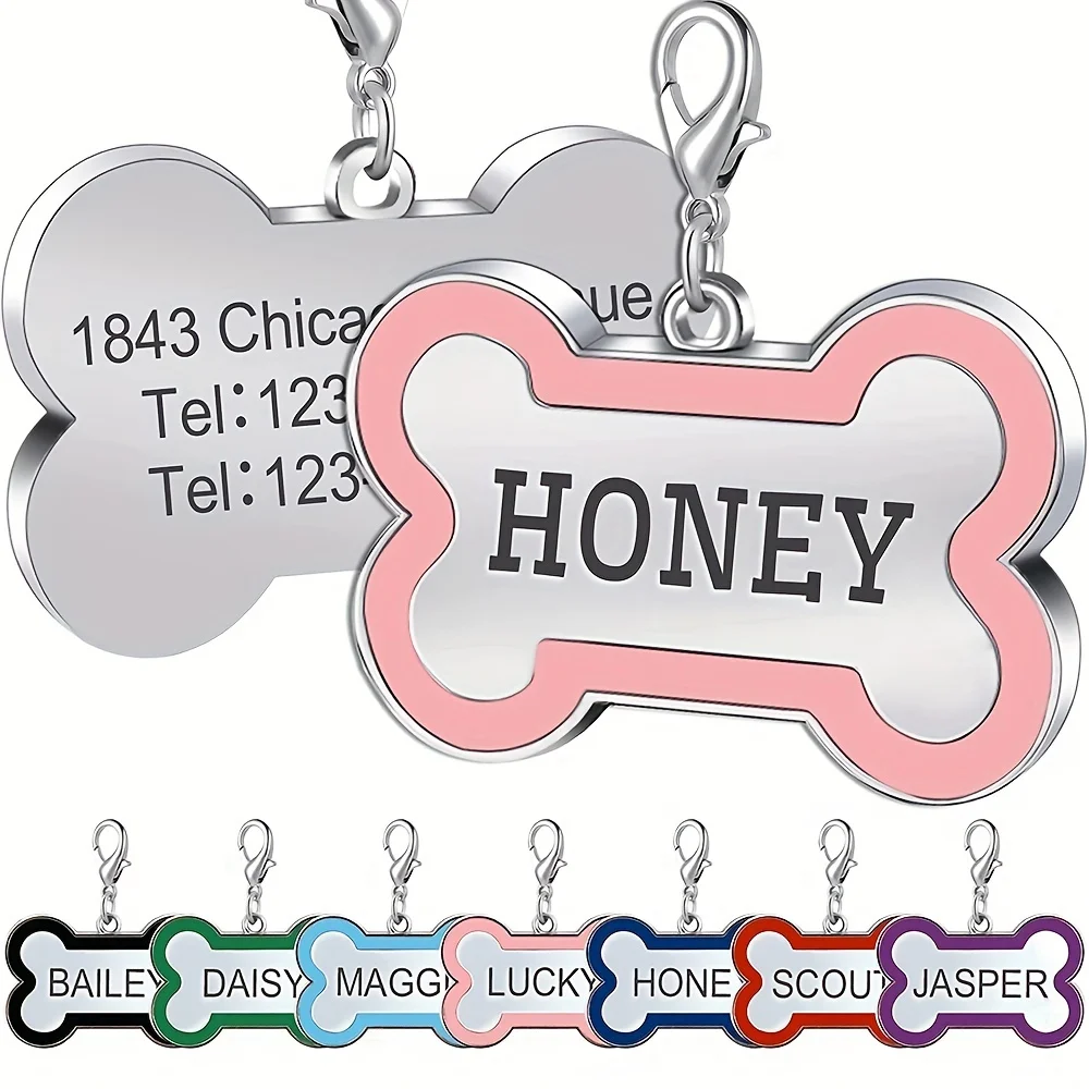 Etiqueta de perro con nombre grabado personalizado para mascotas, etiqueta de identificación en forma de hueso de aleación de Zinc personalizada con cadena deslizante, etiqueta duradera para mascotas, 1 ud.