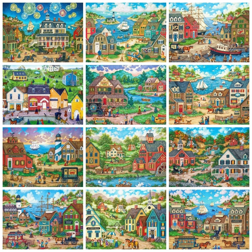 Peinture au diamant de paysage de ville de dessin animé bricolage, kit d'art de broderie de mosaïque, perceuse complète, décoration d'intérieur, cadeau d'anniversaire, 5D