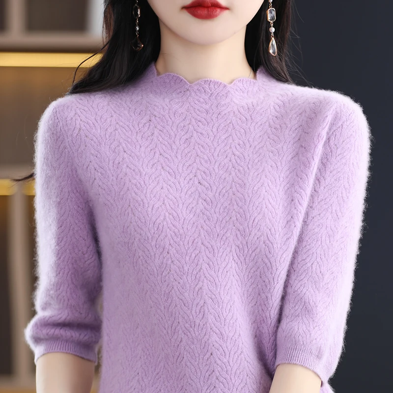 Spring and summer new knitted hollow women's O-neck short-sleeved sweater 100% wool pullover vest fashion Korean shirt T-shirt