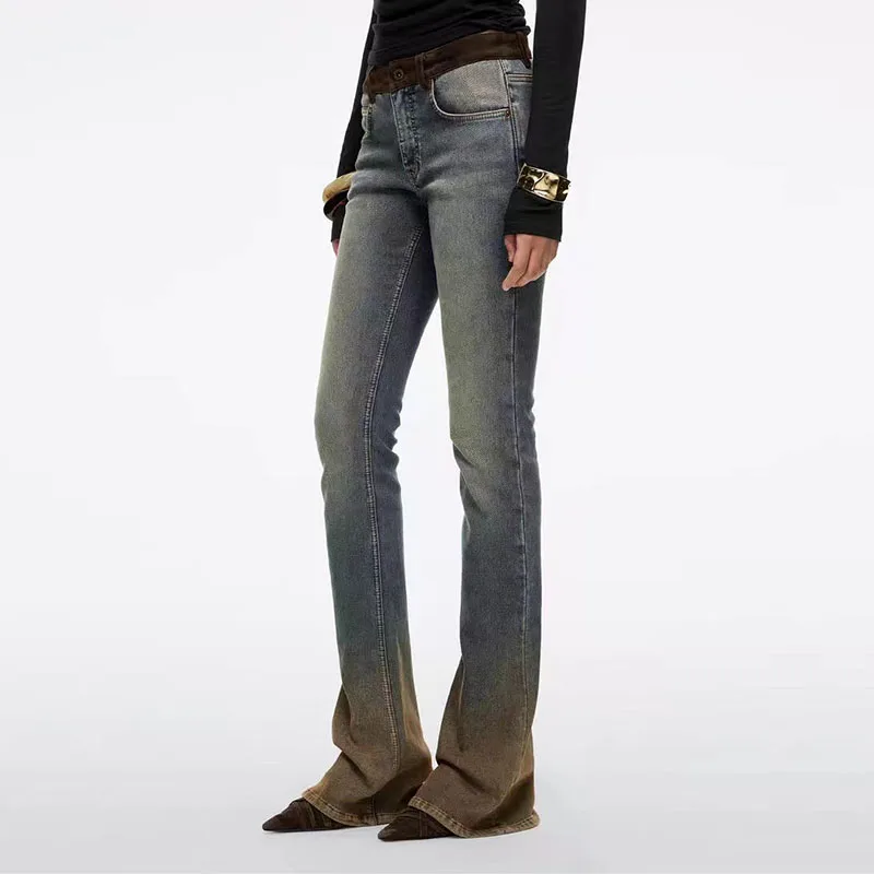 

2025 New retro distressed slightly flared jeans for women, high-waisted, color-blocking waist-head slimming denim trousers
