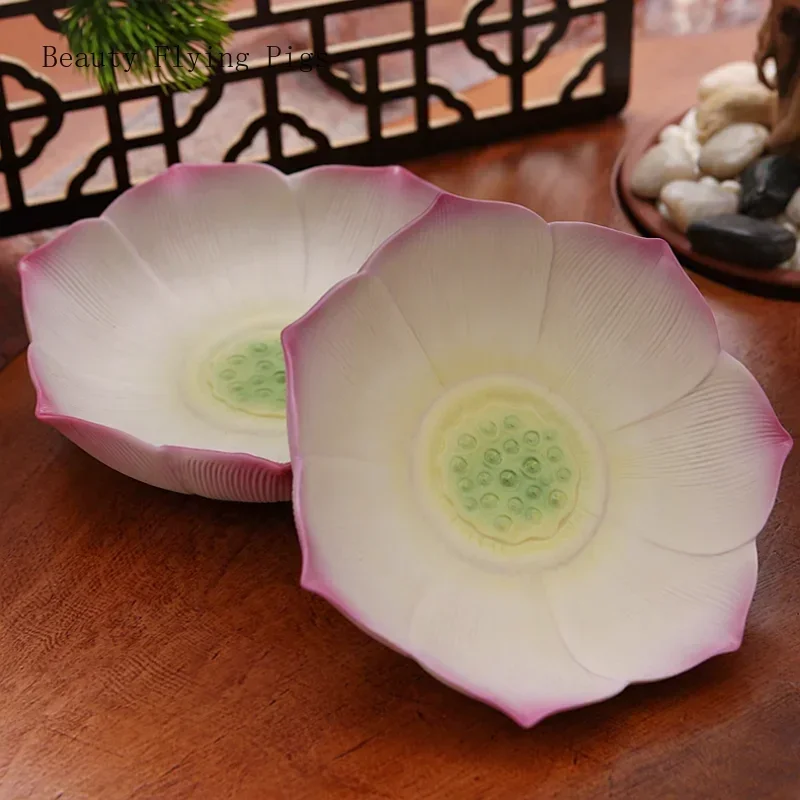 1PCS Ceramic Fruit Plate Chinese Home Buddha Hall for Buddha Guanyin Painted Lotus Flower Vegetarian Fruit Pot Dried Fruit Plate