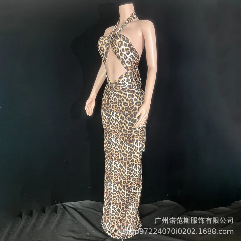 Leopard Print Neck Sexy Backless Seaside Vacation Sunbathing Dress Studio Photo Light Luxury Birthday Party Dress Vestido Festas