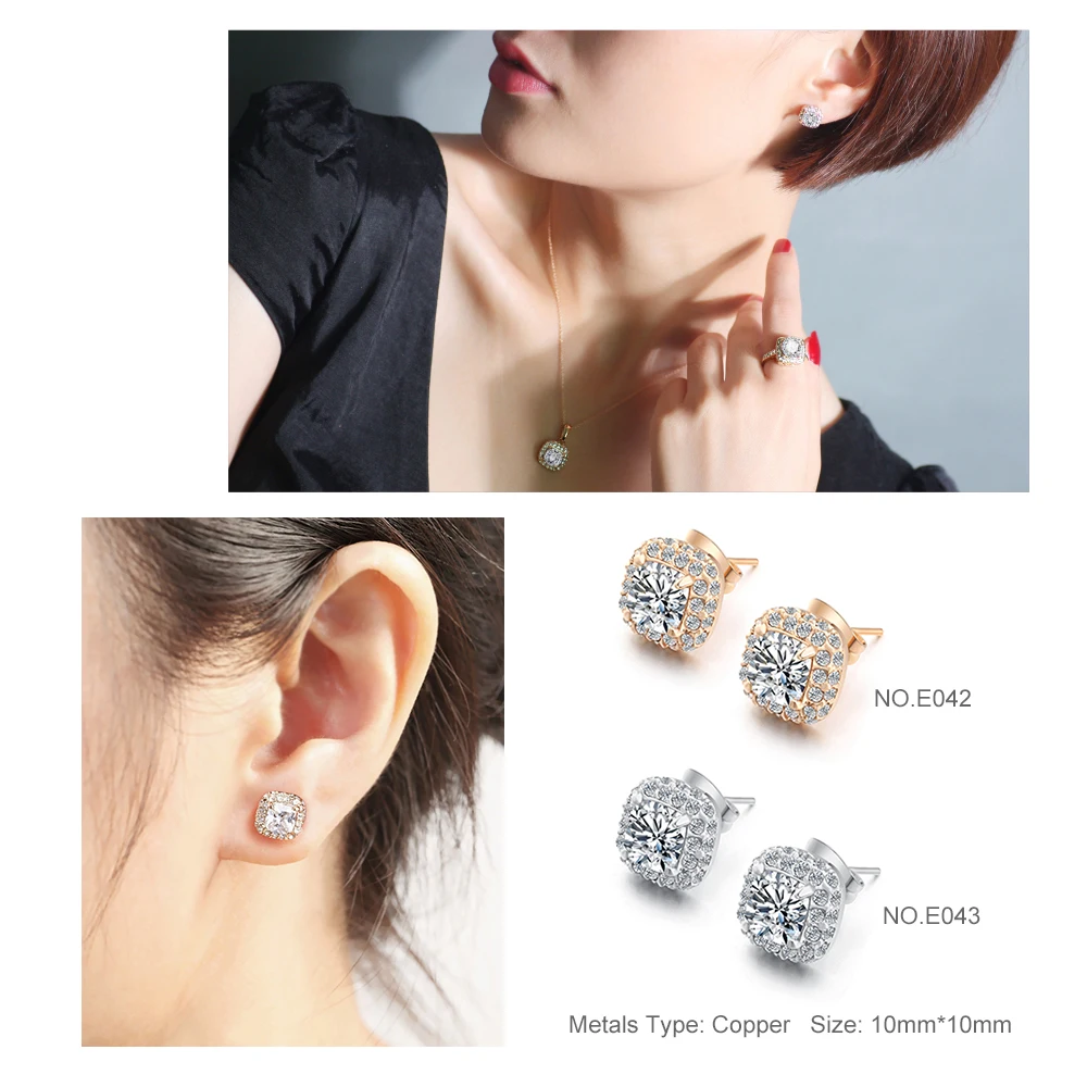 Daily Stud Earring For Women 27 Style Classic Cubic Zirconia Wedding Rose Gold Color Silver Plated Fashion Jewelry E035