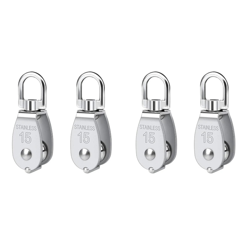 

ABRU-Pulley 304 Stainless Steel Single Pulley Block M15 Small Heavy Duty Swivel Bearing Pulley System For Rigging,4Pack