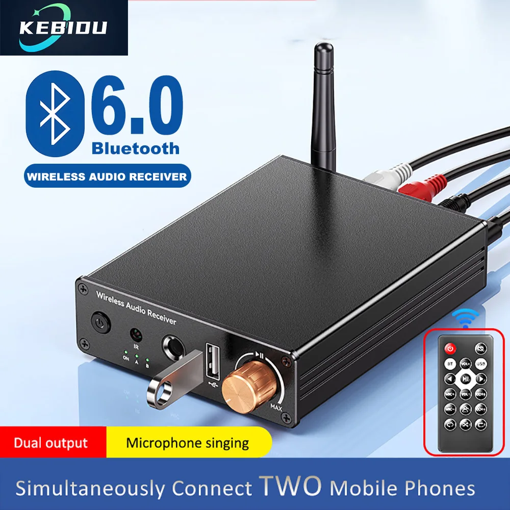 Bluetooth6.0 수신기 스테레오 낮은 대기 시간 무선 오디오 어댑터 무손실 오디오 수신기 AUX 3.5mm RCA/U-디스크/6.5MM 마이크 증폭기