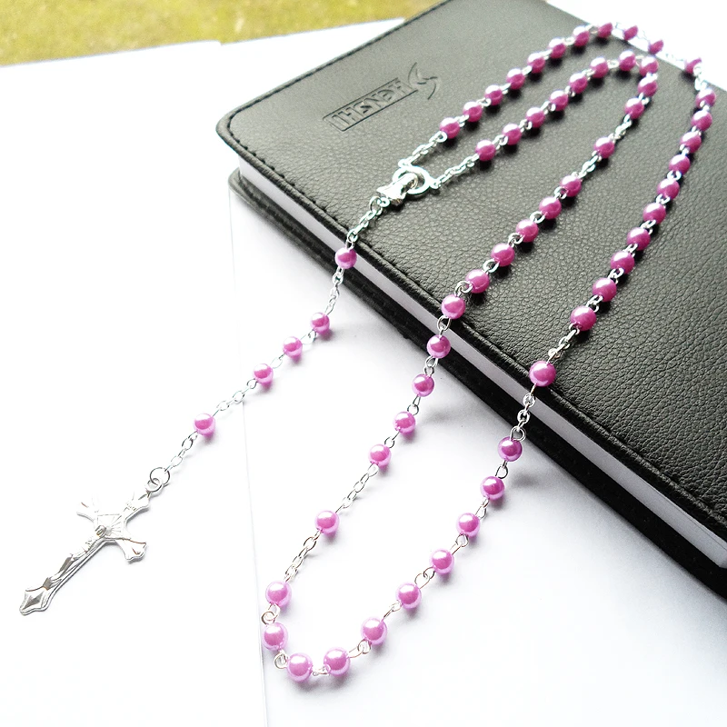 fnaf 2 rupee item Demon Slayer Light Purple Pearl Necklace Pendant Virgin Mary Catholic Christ Jesus Cross Necklaces Women