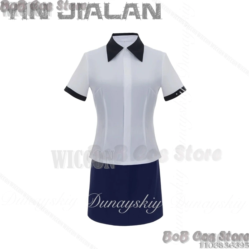 

Plaything Caricature Anime Yin Jialan Cosplay With White Blue Professional Attire With Dark Blue Wig Carnival Outfit Full Of Set
