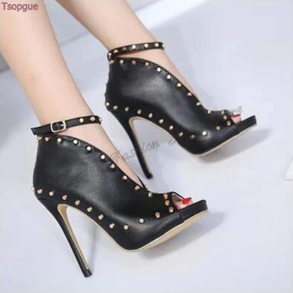 

Black Peep Toe Rivet Decor Pumpsl Ankle Buckle Stilettos High Heels High Heel Shoes for Women Heels 2024 New Zapatos Para Mujere