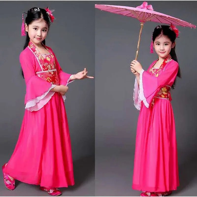 Traditional Dance Fans Chinese Traditional Dress for Kids Hanfu Red Hot Pink Sky Blue White Green Yellow Halloween Girls Costume