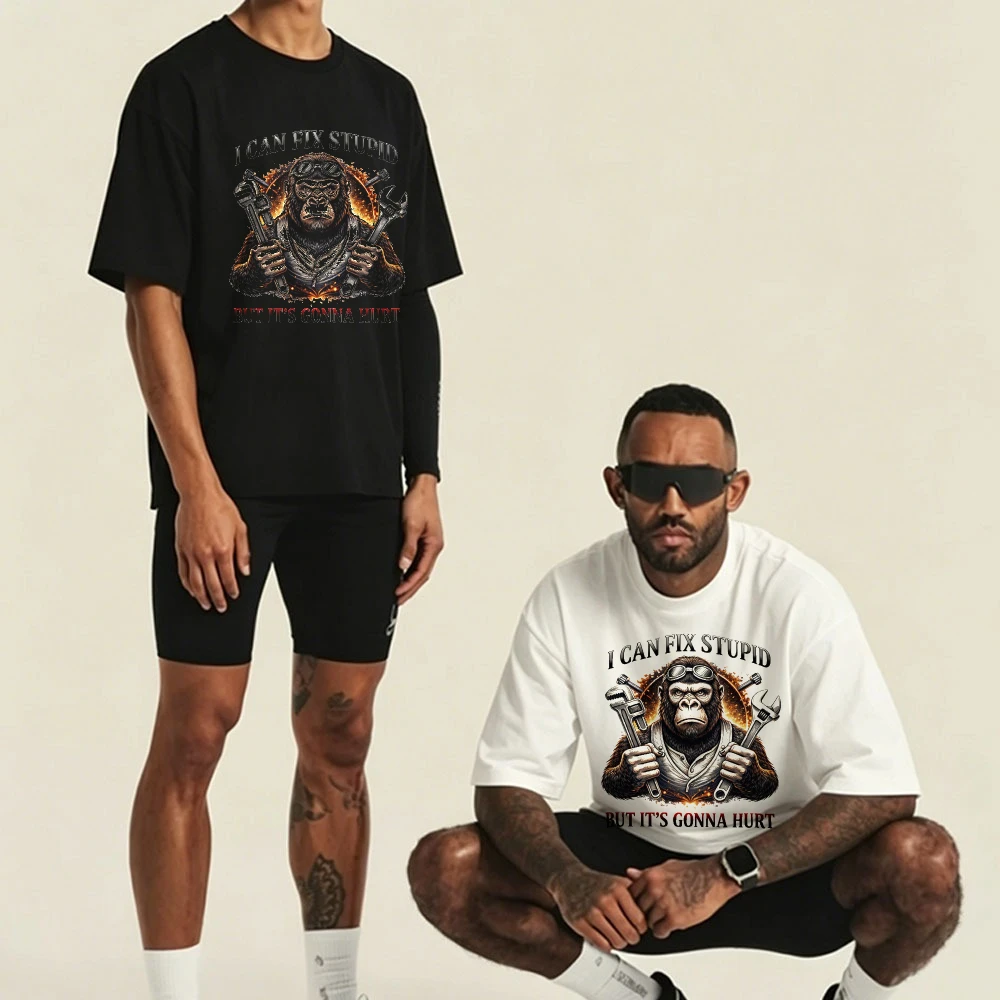 I Can Fix Stupid But It's Gonna Hurt Mechanic Gorilla Wrench Print Oversized Cotton Tee Vintage Workwear Hip Hop Loose