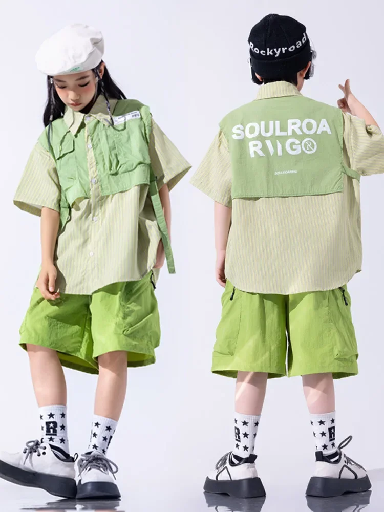 Traje de baile de Jazz para niña, Tops falsos de dos piezas, pantalones cortos verdes, conjuntos de ropa de actuación callejera de Hip Hop para niños