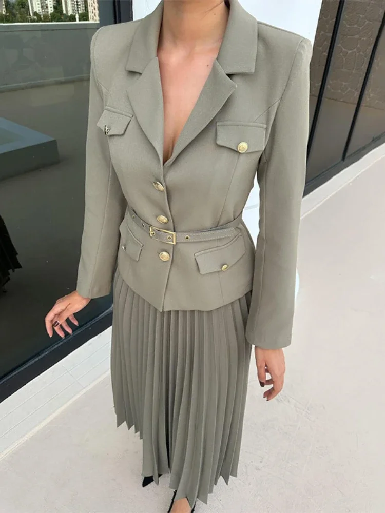 Spring Suit Coat Full Sleeve Blazer Maxi Pleated Skirt Belt Black Solid Color Two-piece Set Long Dresses Women's Two Piece Dress view 6