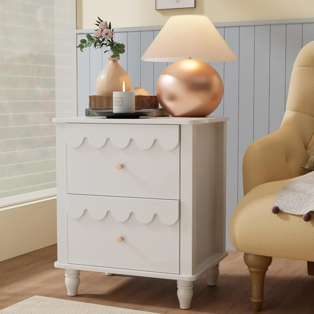 

white nightstand side end table with 2 drawers, modern wood night stand with petal pattern for bedroom, scalloped bedside night