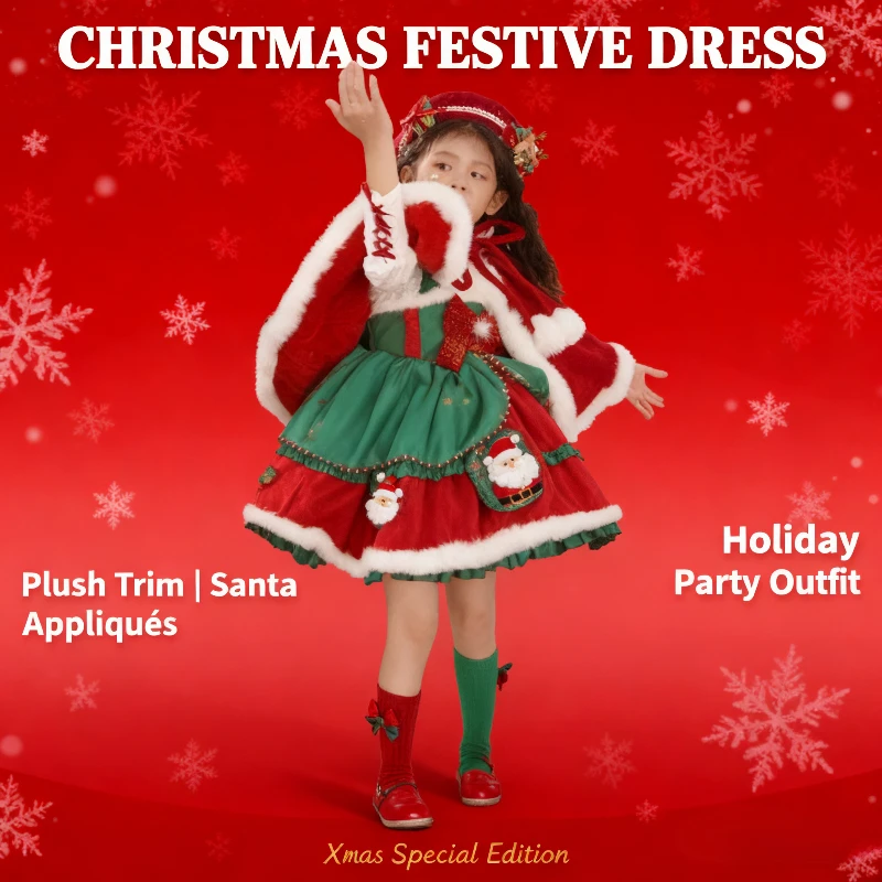 Christmas Girls Lolita Princess Dress Lace Party Bow Decoration Red Costumes Ruffled Tutu Skirt Layered Dress Festival Gift - zdjęcie 1
