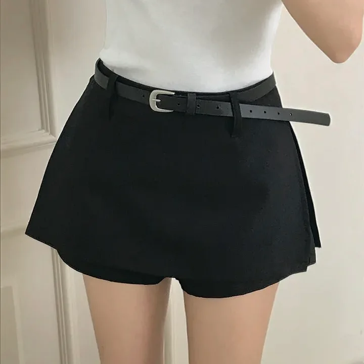 Chic High Waist A-Line Skirt Pure Color Slimming Anti-Light Belted Midi Skirt for Women Summer 2026 Fashionable Office Wear