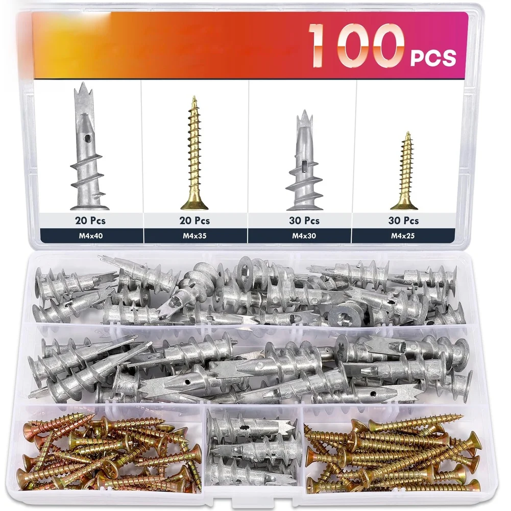 100pcs Spiral Anchor Screws Zinc Alloy Blue for Drywall Woodworking Self Drilling Expansion Bolts 17.8x10.5x2.3cm