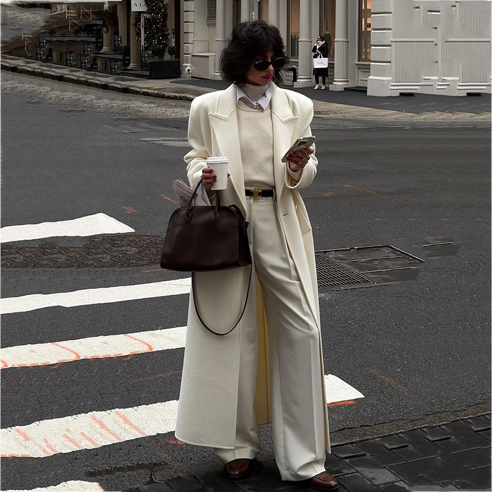 Luxury Women's Suit Long Blazer Pants 2 Pieces Pleated Peak Lapel Single Breasted Overcoat Evening Party Prom Elegant Outfit