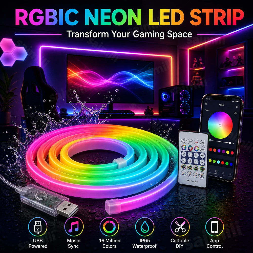 Smart 5V RGBIC Neon LED Strip APP Control 16 Million Colors Music Sync Dynamic Lighting Mode DIY Flexible USB Neon Rope Light