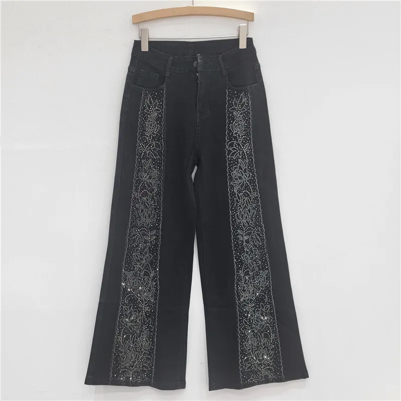 ANJY Autumn Women High Street Lace Diamonds Tide Hollow Out Patchwork Jeans Light Luxury Stretch Versatile Straight Pants A10573