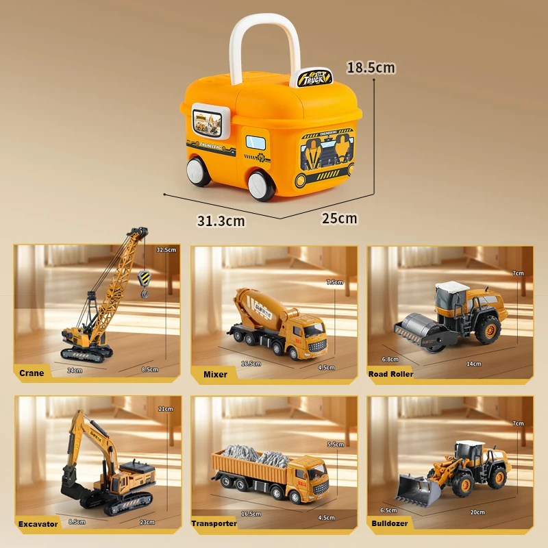 1:55 6 pçs/set simulação engenharia bulldozer escavadeira guindaste com caixa de armazenamento carro brinquedos liga diecast construção para o presente do menino