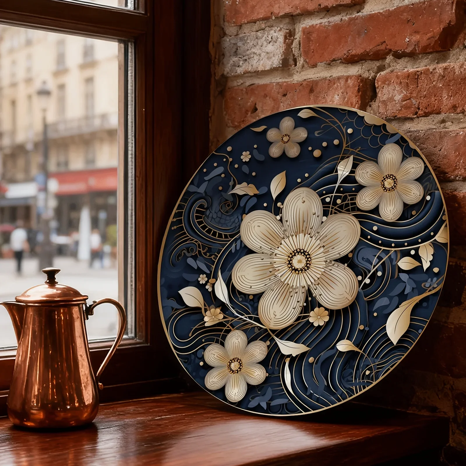 Single Decorative Plate, Blue Background with Golden Floral Classic Pattern, Non-Food Contact Ceramic Wall Art, Suitable for