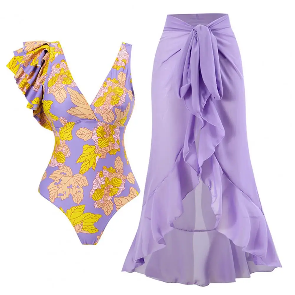 Purple One-Shoulder Ruffled Print Floral Swimsuit Set Cover Up Single Piece Micro Monokini Sexy Swimwear For Girls Summer Beach