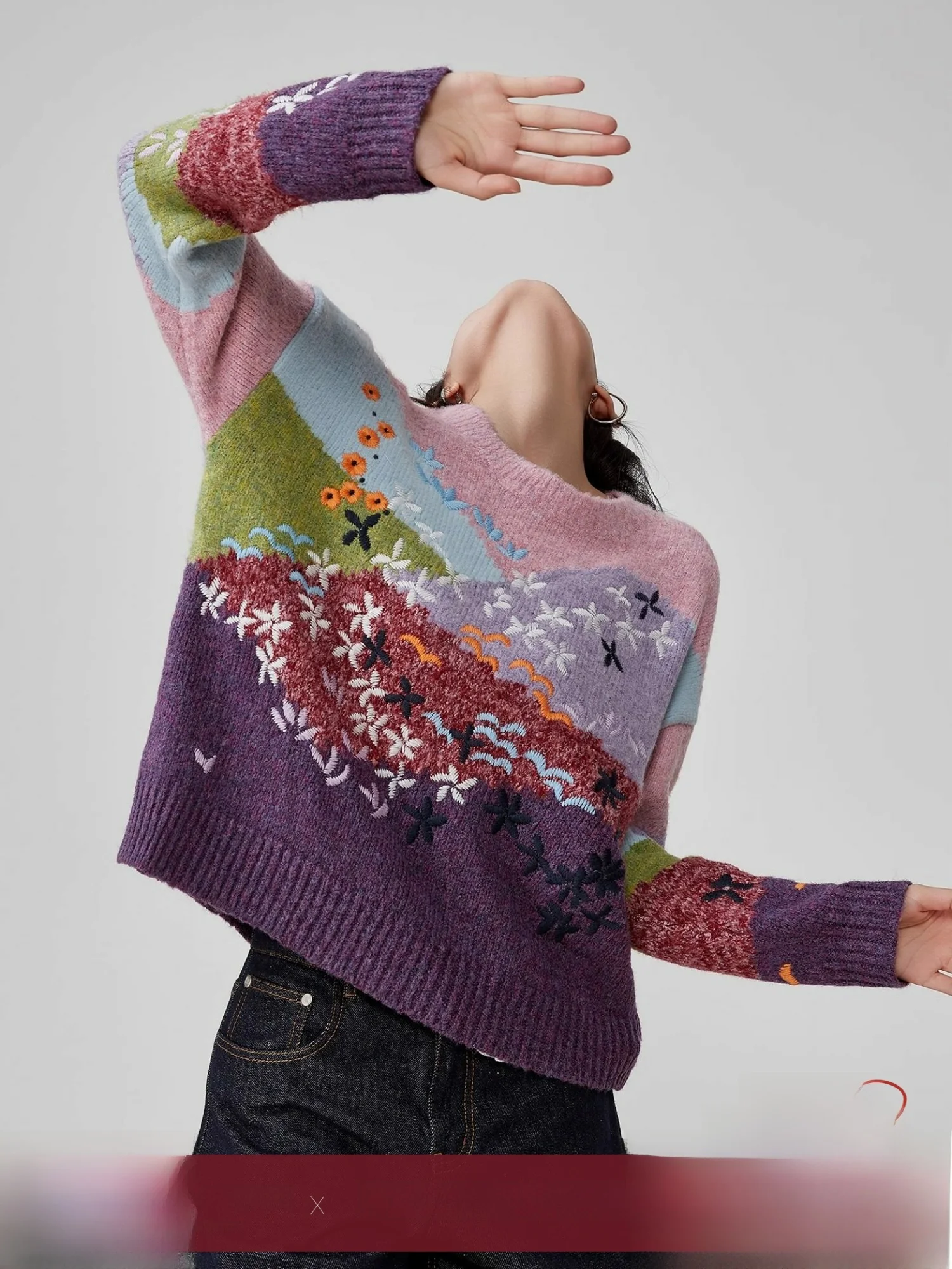 

Dopne round Ne Pullover Knitwear Women's New Spring Art Oil Painting Embroidery Heavy Knitted Top Casual Sle