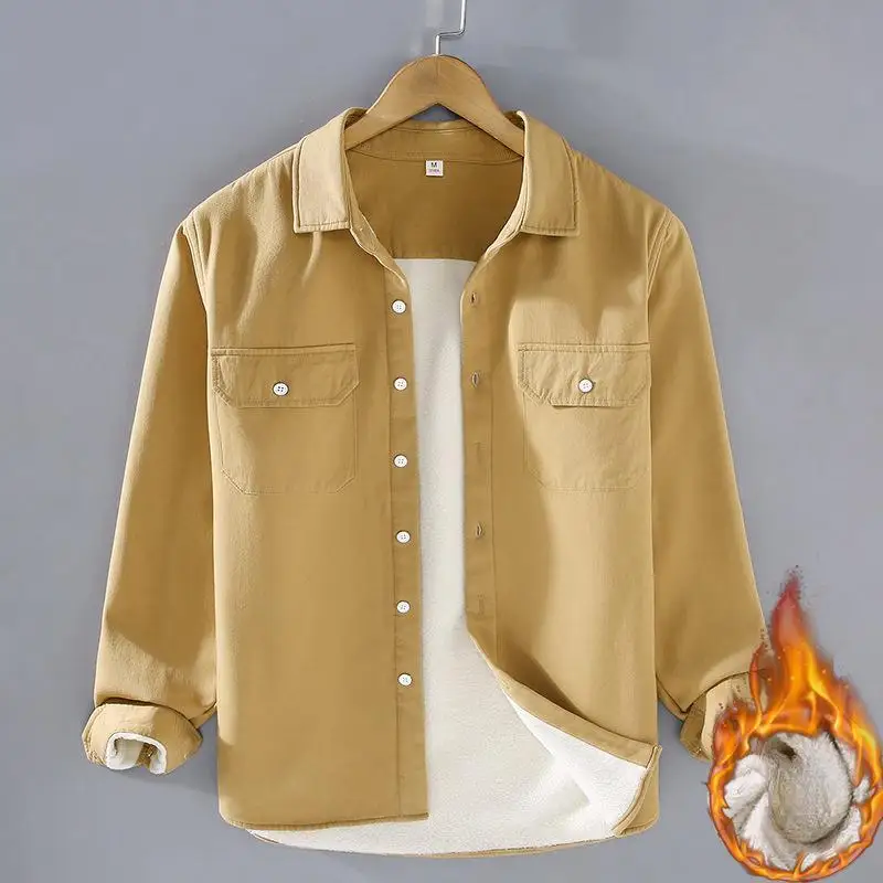 

Autumn Winter Safari Style New Men's Solid Color Cotton Polyester Shirt For Casual Loose Pocket Lapel Men Cardigan Thick Clothes