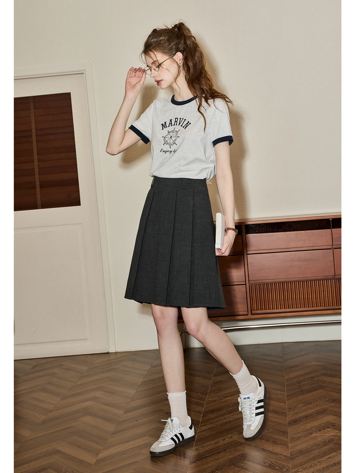 KUHNMARVIN Cotton 100% Short Sleeve T-Shirt Women's Summer New Style Color Block Roll  Casual round Neck Top