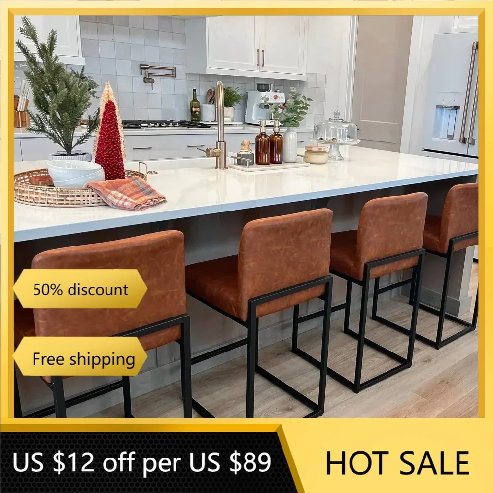 

Set of 4 Counter Height Bar Stool Pu Leather Kitchen Modern Bar Stools with Backrest Upholstered Footrest Sturdy Chromed